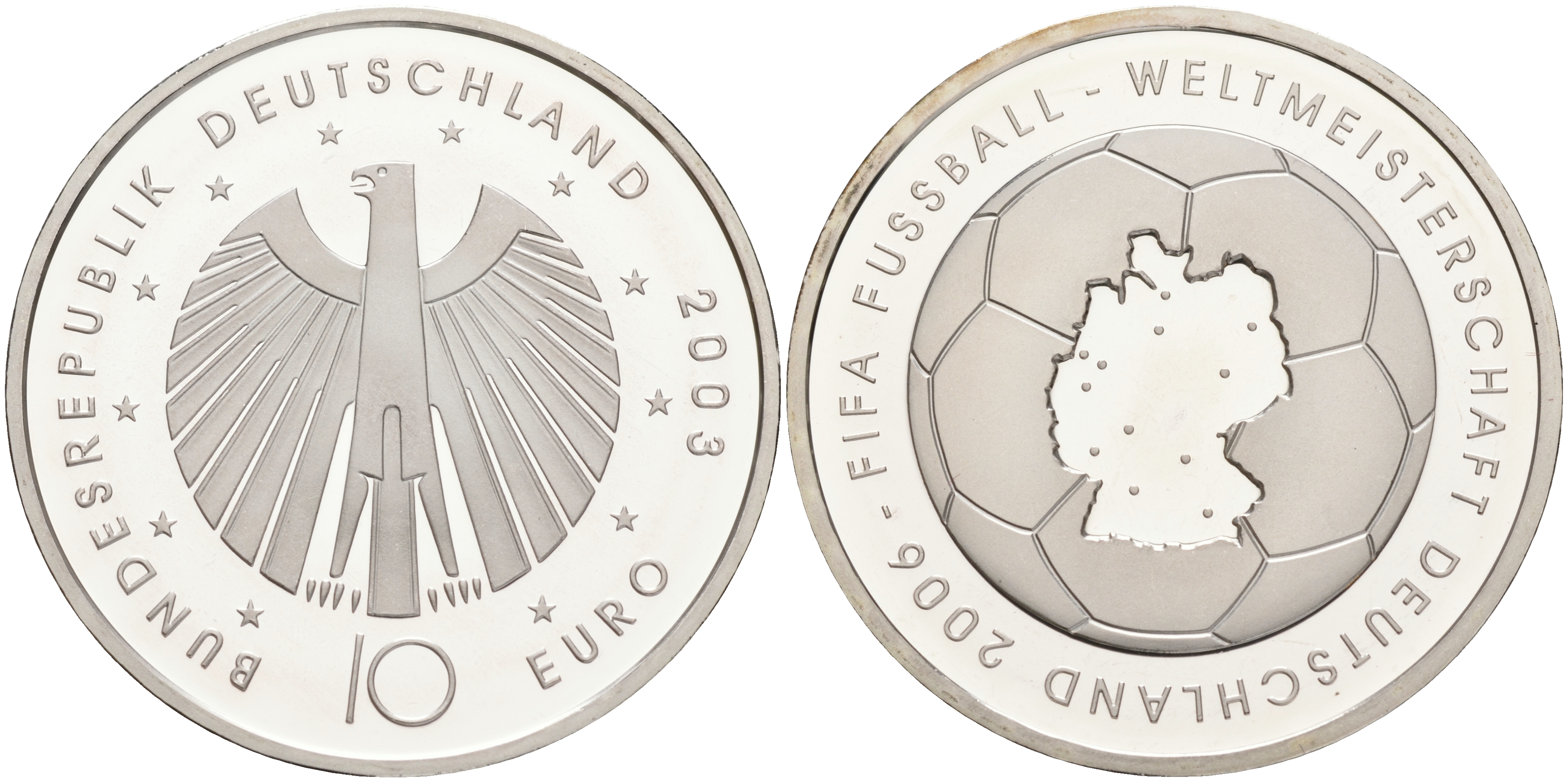 ФРГ 10 евро 2003 чемпионат мира по футболу 2006 года в Германии, первая монета KM 223, DE.S. 10.8 серебро PROOF 02-251-51