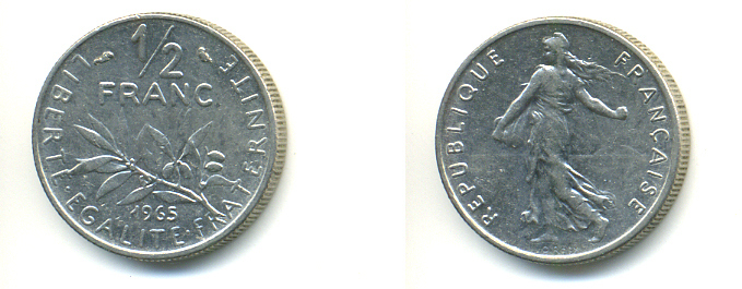 Франция 1/2 франка 1965 сеятель KM 931, Le Franc 198.3 никель 83-323