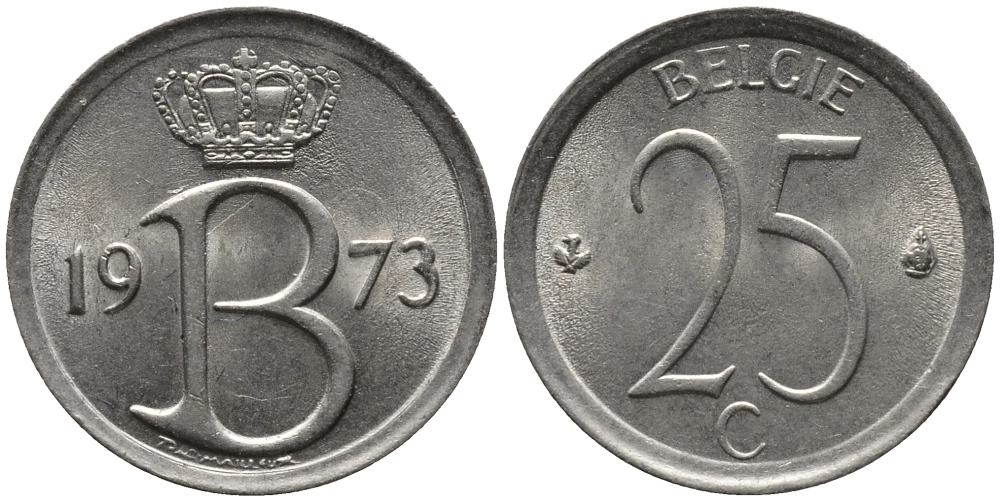 Бельгия 25 сантимов 1973 Belgie, Бодуэн I (1951-1993) KM 154.1 медно-никель 99-361