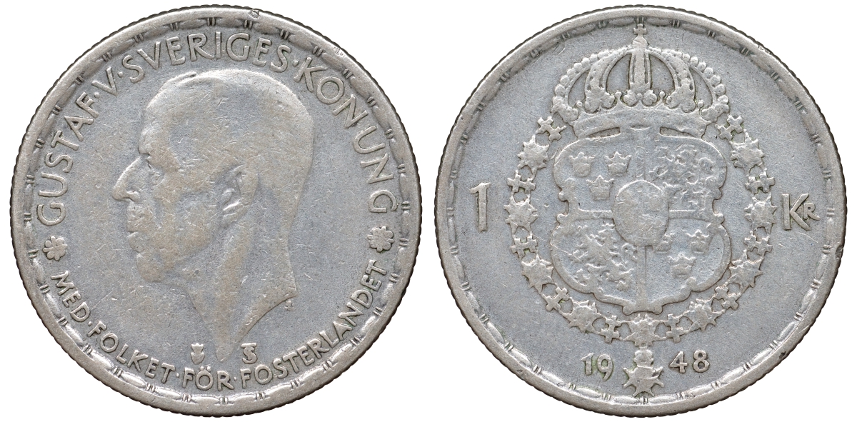 Швеция 1 крона 1948 TS, Густав V (1907-1950) KM 814 серебро 4178-723