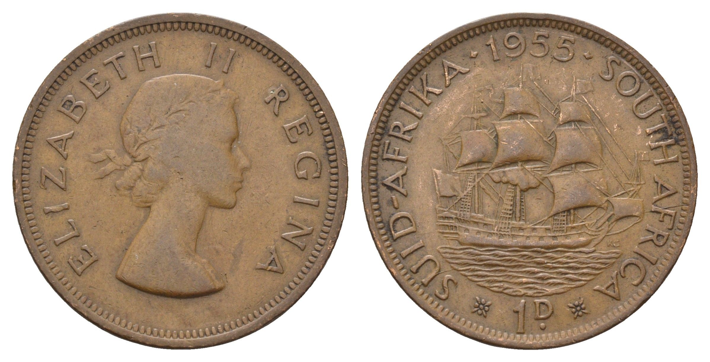 ЮАР 1 пенни 1955 Елизавета II (1952-2022), парусник KM 46 бронза 4123-1214