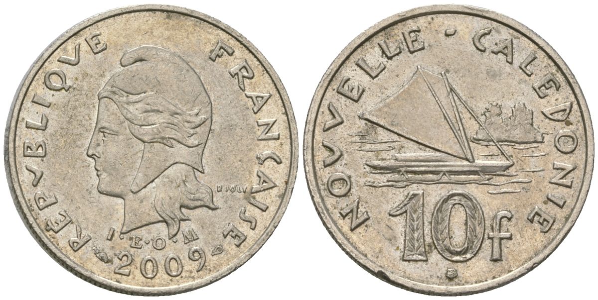 Французская Новая Каледония 10 франков 2009 рыбачья парусная лодка, (IEOM) KM 11a, Schoen 13a, Lec 99k медно-никель 62-624