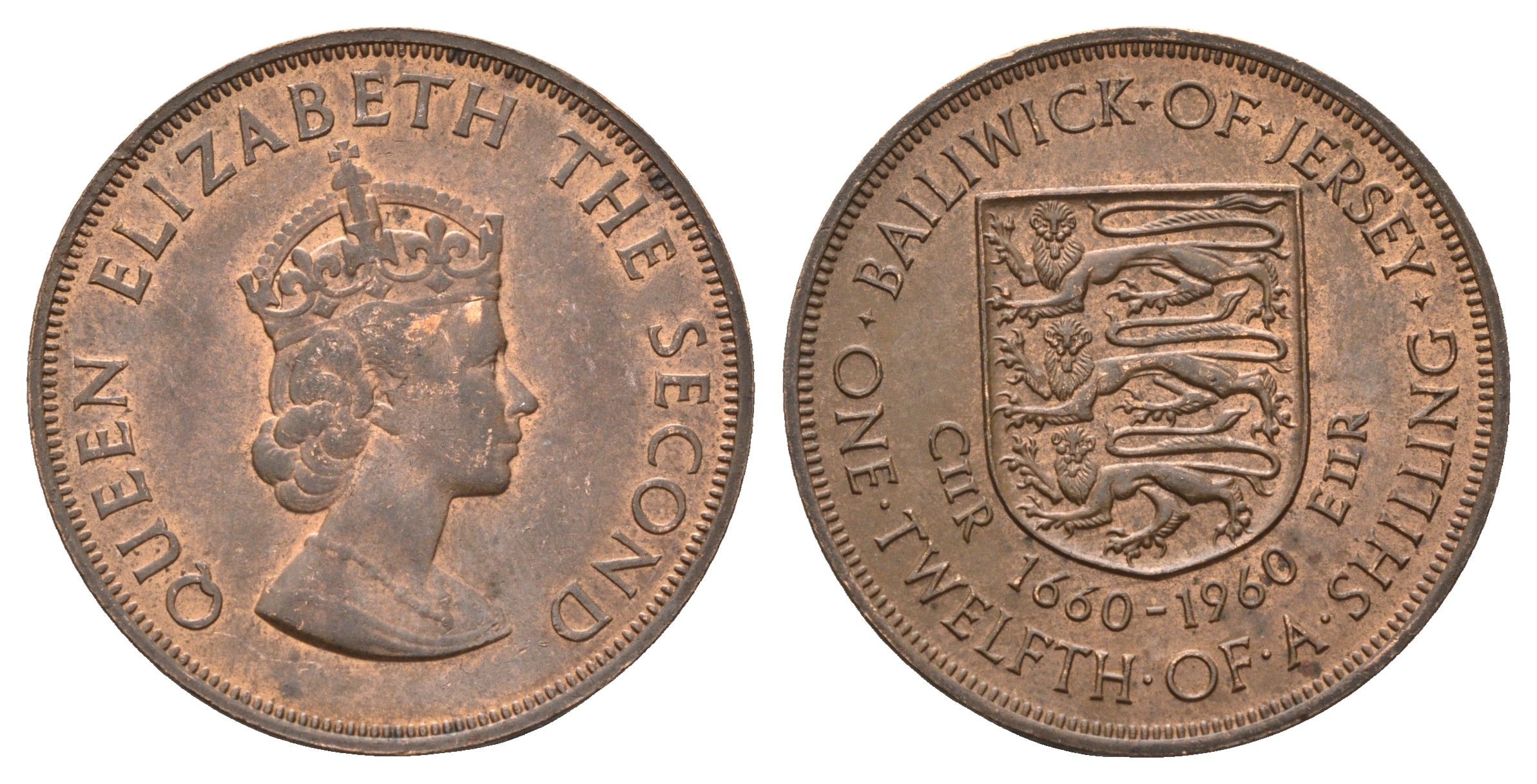 Джерси 1/12 шиллинга 1960 Елизавета II (1952-2022), 300 лет вступления на престол короля Карла II KM 23 бронза 4517-324