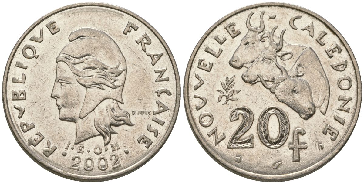 Французская Новая Каледония 20 франков 2002 три быка, (IEOM) KM 12, Schoen 14, Lec 115f никель 81-521