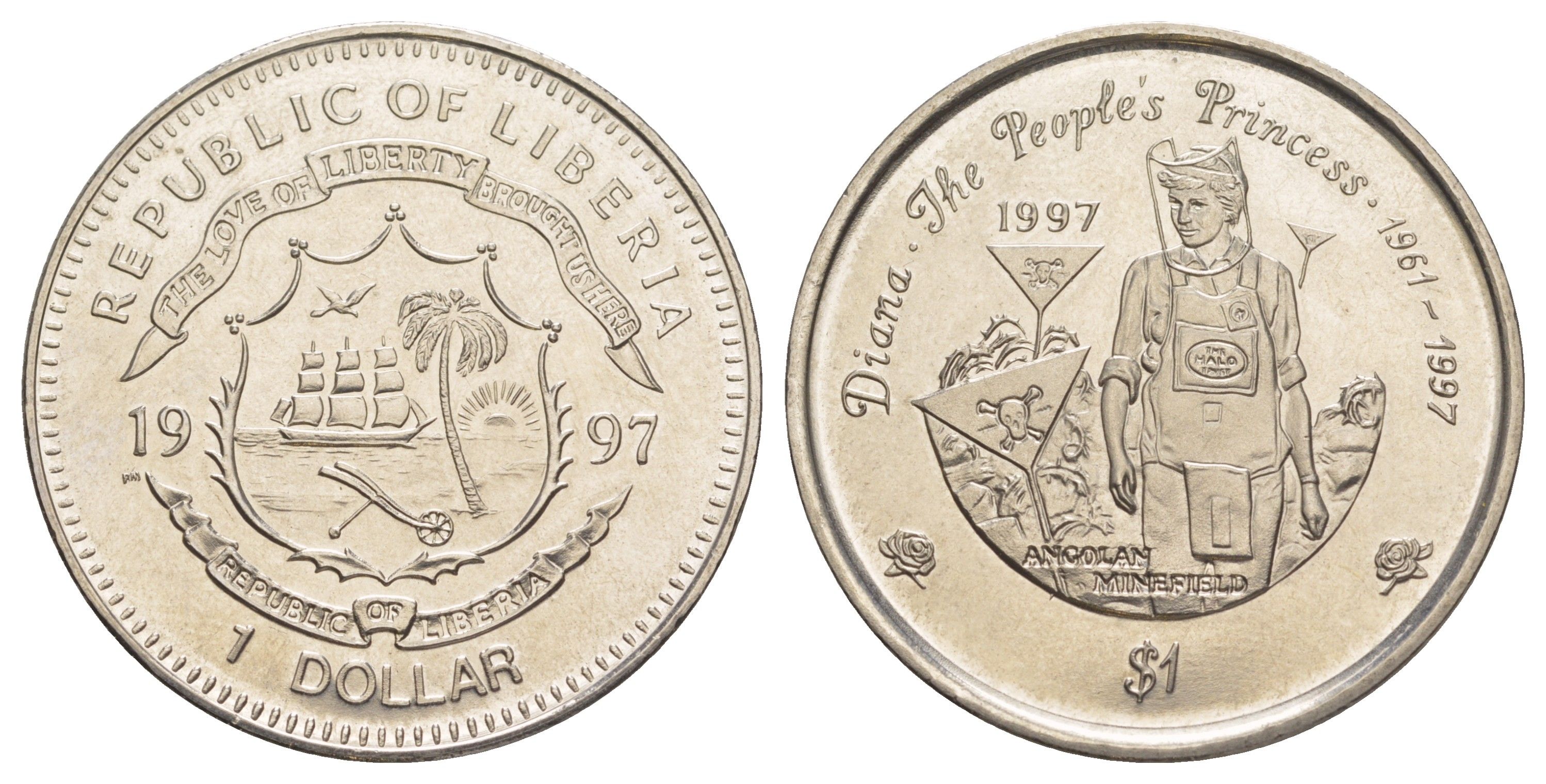 Либерия 1 доллар 1997 Гибель Принцессы Дианы - Ангольское минное поле UC 102 медно-никель BU 4044-1132
