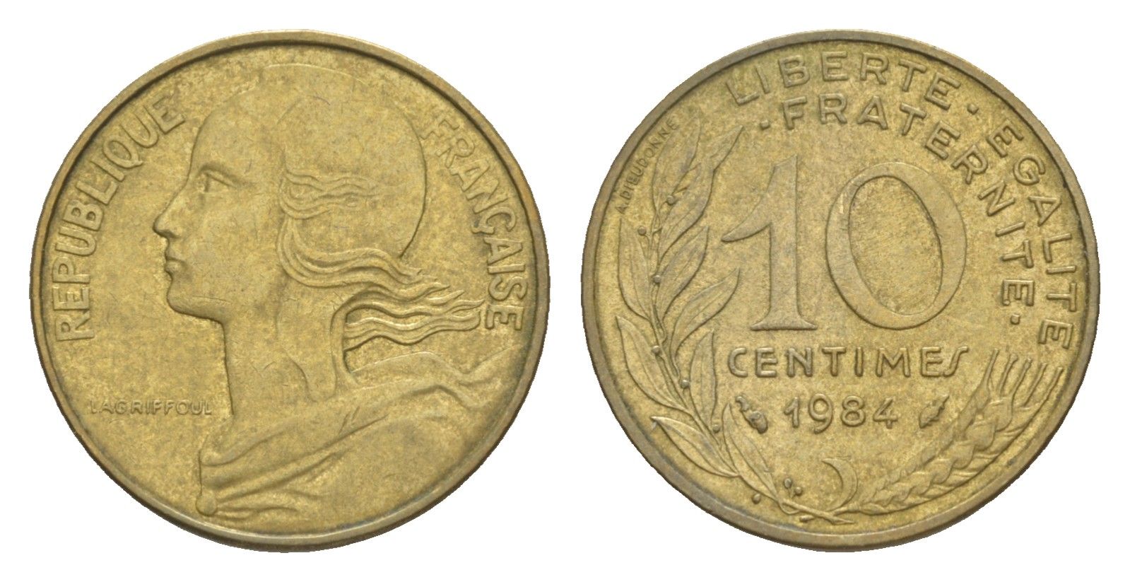 Франция 10 сантимов 1984 KM 929, Le Franc 144.24 алюминиевая бронза 4649-1227