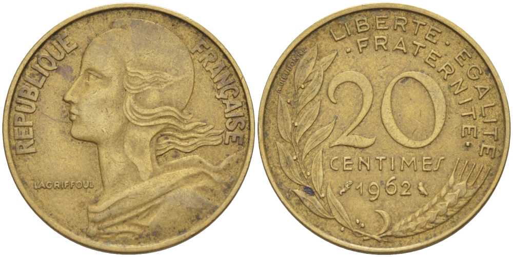 ФРАНЦИЯ 20 САНТИМОВ 1962 KM 930 медь алюминий никель 4390-1132