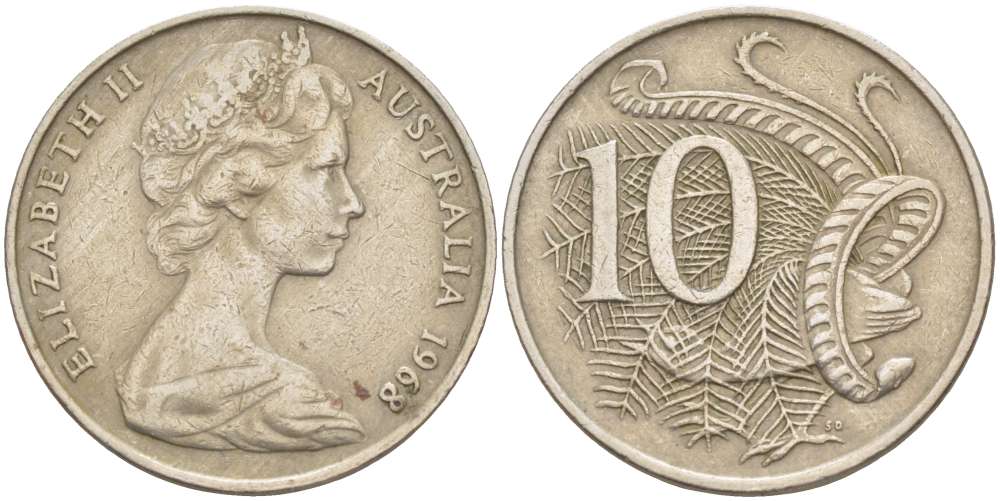 Австралия 10 центов 1968 Елизавета II (1952-), птица лирахвост KM 65 медно-никель 4521-214