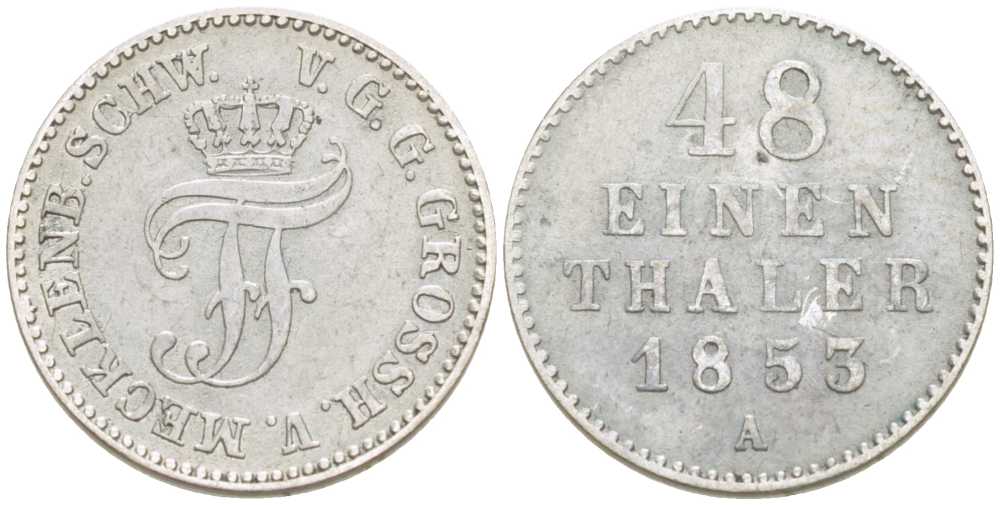 Мекленбург-Шверин 1/48 талера 1853 А, Фридрих Франц II (1842-1883) AKS 44, J.57, KM 311 (С107а) серебро 206-311