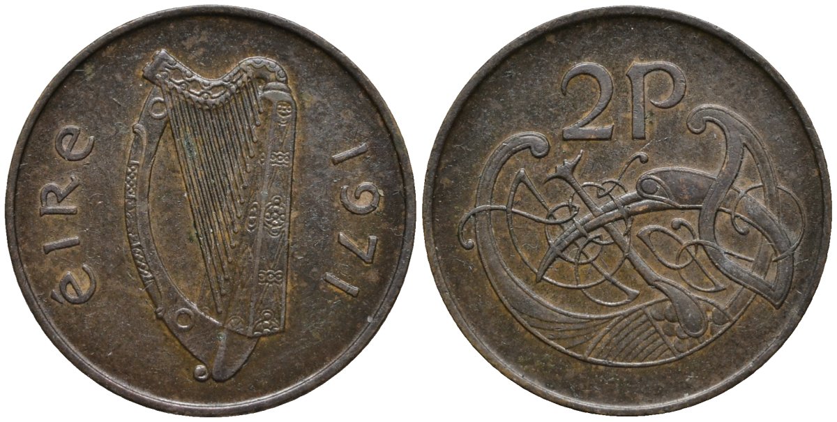 Ирландия 2 пенса 1971 виньетка в виде стилизованной птицы из второй библии Карла II лысого KM 21 бронза 4171-224