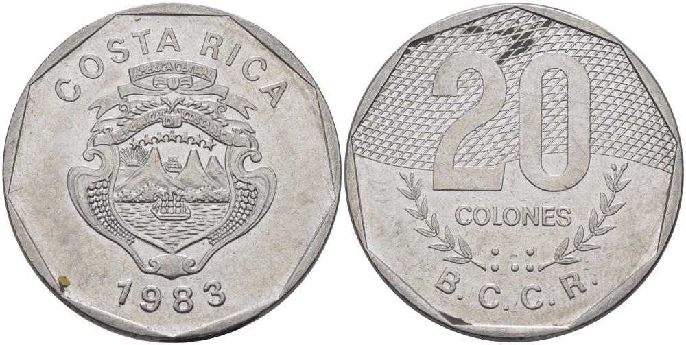 КОСТА-РИКА 20 КОЛОН 1983 v KM 216.1 нержавеющая сталь 82-133