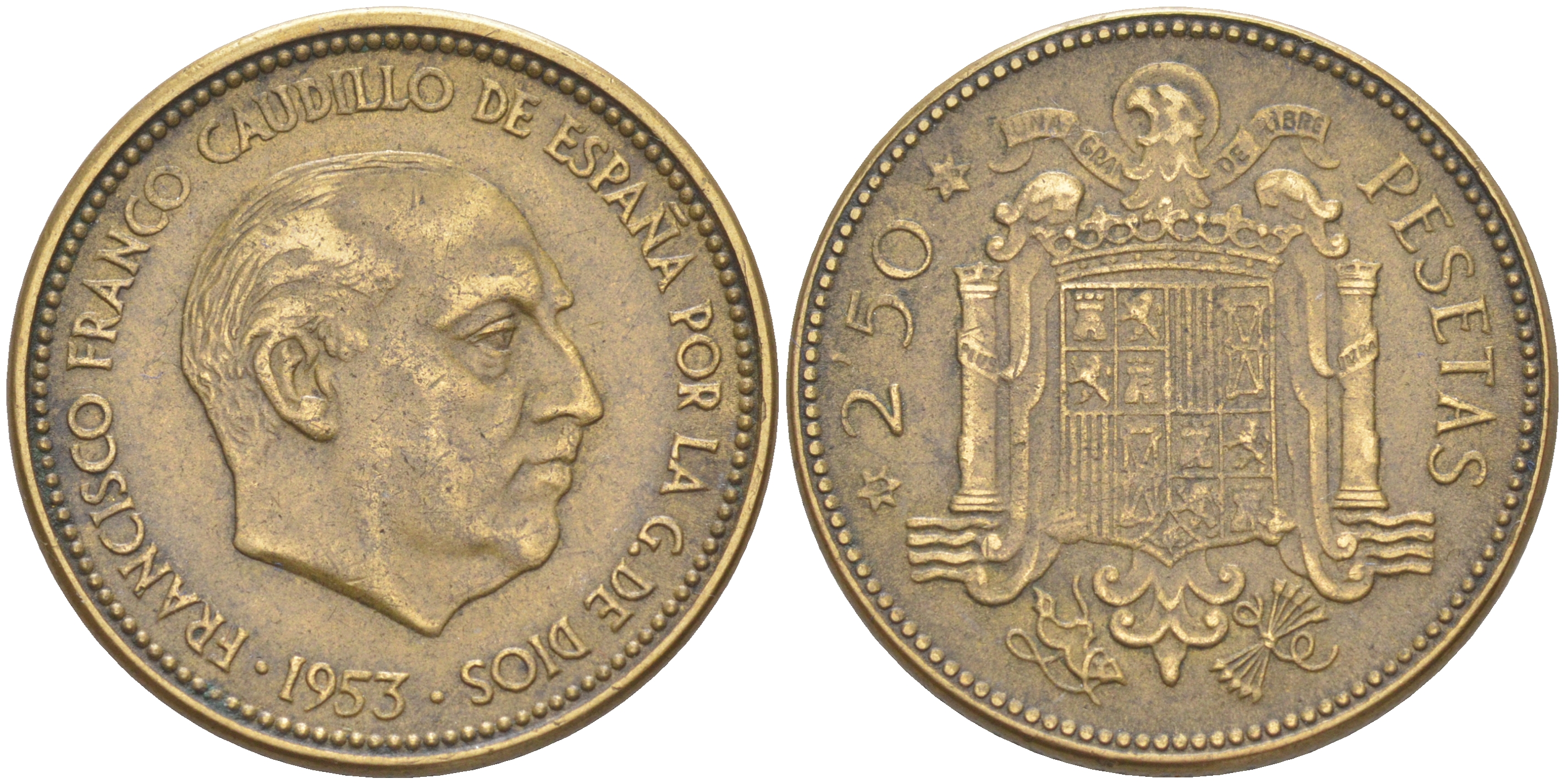 Испания 2,5 песеты 1953 (56) Франциско Франко (1939-1975) KM 785 алюминиевая бронза 4610-622