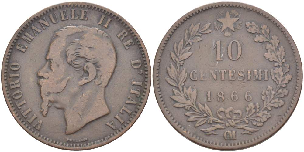 ИТАЛИЯ 10 ЧЕНТЕЗИМО 1866 OM, МОНДВОР СТРАСБУРГ, ВИКТОР ЭММАНУИЛ II (1861-1878) KM 11.5 медь 4526-734