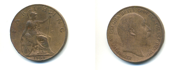 Великобритания 1 фартинг 1909 Эдуард VII (1901-1910), KM 792, Spink 3992 бронза 83-432
