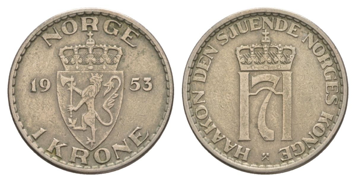 Норвегия 1 крона 1953 Хокон VII (1905-1957) KM 397 медно-никель 4635-631