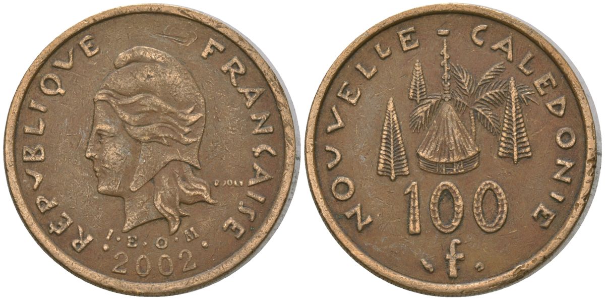 Французская Новая Каледония 100 франков 2002 хижина среди сосен и пальм, (IEOM) KM 15, Schoen 16, Lec 139f никель латунь 4149-124