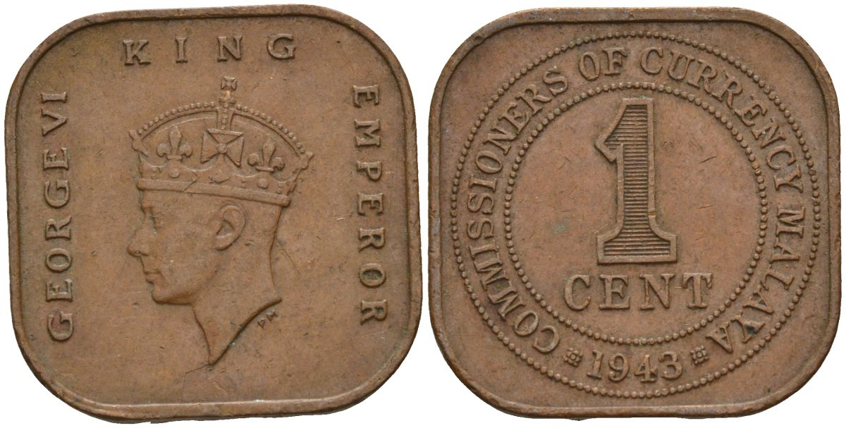 Британская Малайя 1 цент 1943 Георг VI (1937-1952) KM 6 бронза 4153-637