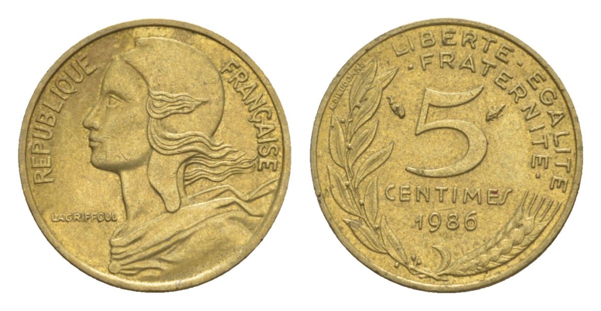 Франция 5 сантимов 1986 тип Morlon KM 933, Le Franc 125.22 алюминиевая бронза 4630-341