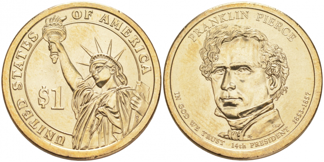 США 1 ДОЛЛАР 2010 P, СЕРИЯ ПРЕЗИДЕНТЫ США - ФРАНКЛИН ПИРС (1853-1857) KM 476 медь с марганцево-латунным покрытием UNC M31-9