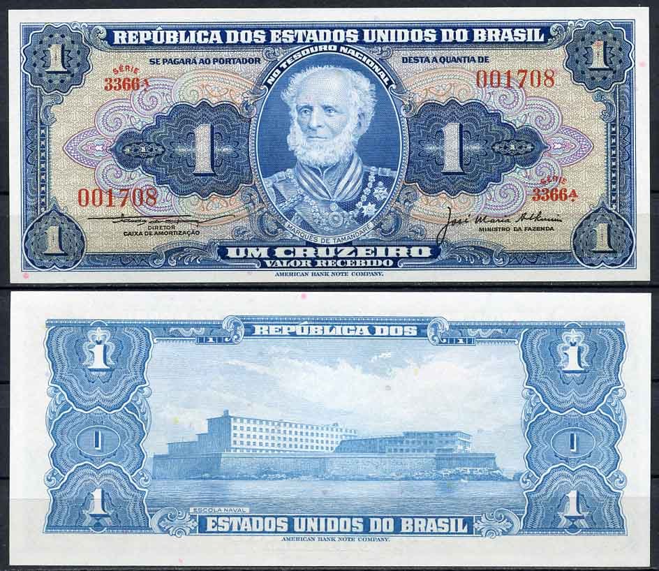 Бразилия 1 крузейро ND (1954-1958) серия 3366 A, Жуакин Маркес Лисбон Pick 150 c бумага UNC (пресс) 2196-40-1-1