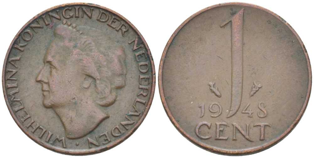 НИДЕРЛАНДЫ 1 ЦЕНТ 1948 ВИЛЬГЕЛЬМИНА (1890-1948) KM 107 бронза 214-1015