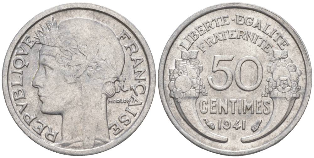 ФРАНЦИЯ 50 САНТИМОВ 1941 ТИП MORLON LOURDE KM 894.1a, LE FRANC 193.2 алюминий 44-237