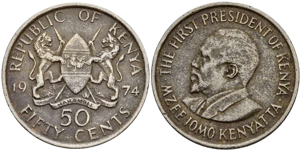 Кения 50 центов 1974 Джомо Кениата KM 13 медно-никель 4511-1126