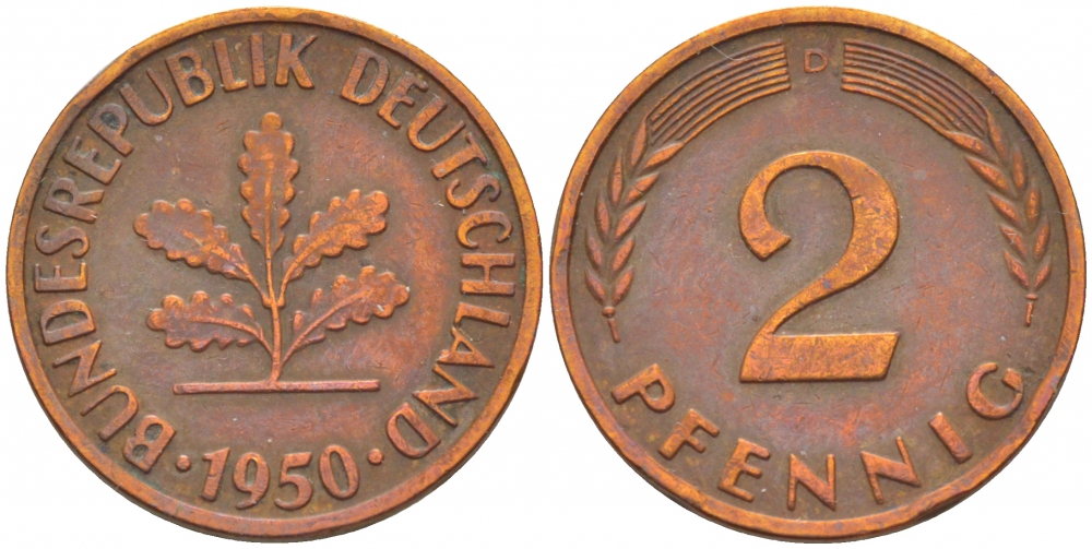 ФРГ 2 ПФЕННИГА 1950 D KM 106, J. 381 бронза 4396-1549
