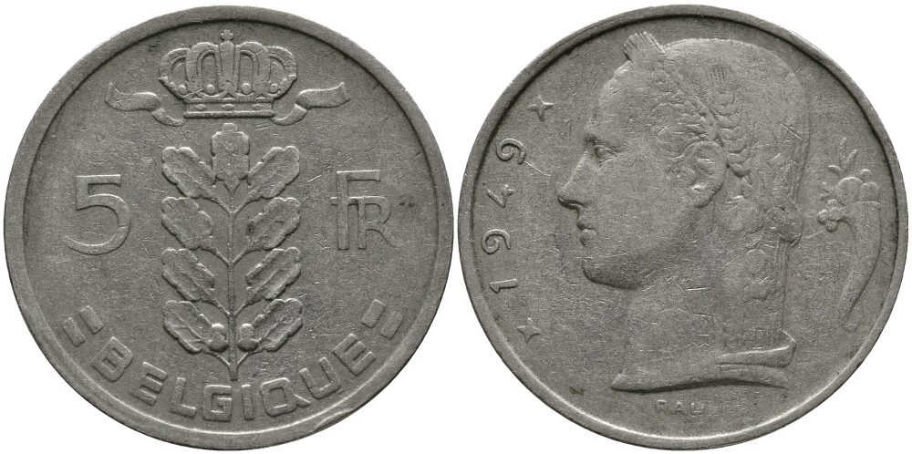 Бельгия 5 франков 1949 Леопольд III (1934-1950), Belgique KM 134.1 медно-никель 98-624