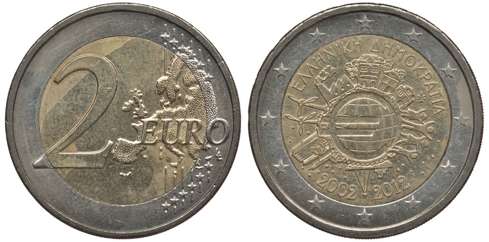 Греция 2 евро 2012 10 лет монетарной политике и наличному евро KM 245 биметалл 4384-557