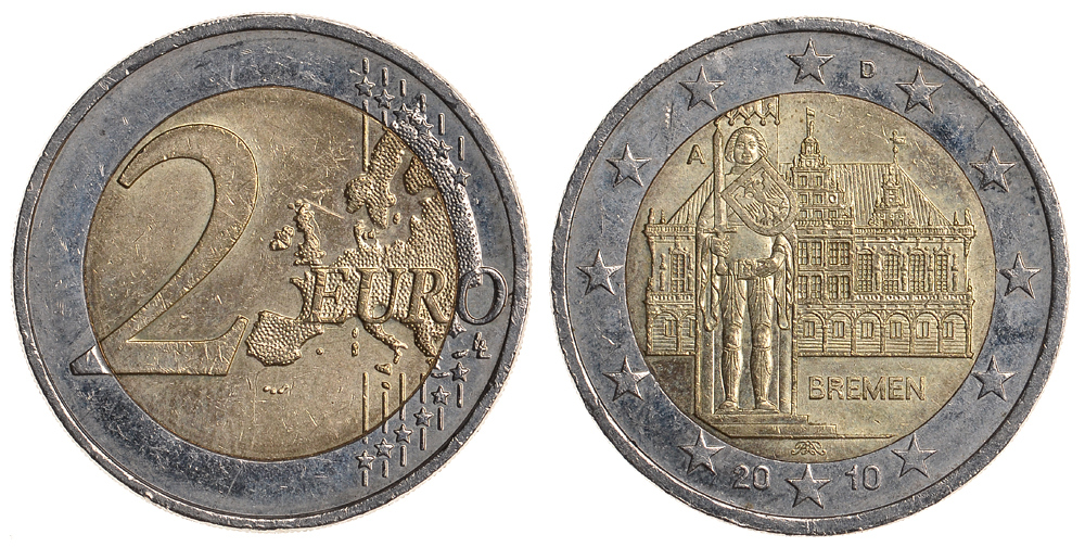 ФРГ 2 евро 2010 А, Бремен, городская ратуша и Роланд, серия Федеральные земли Германии KM 285 биметалл 93-631