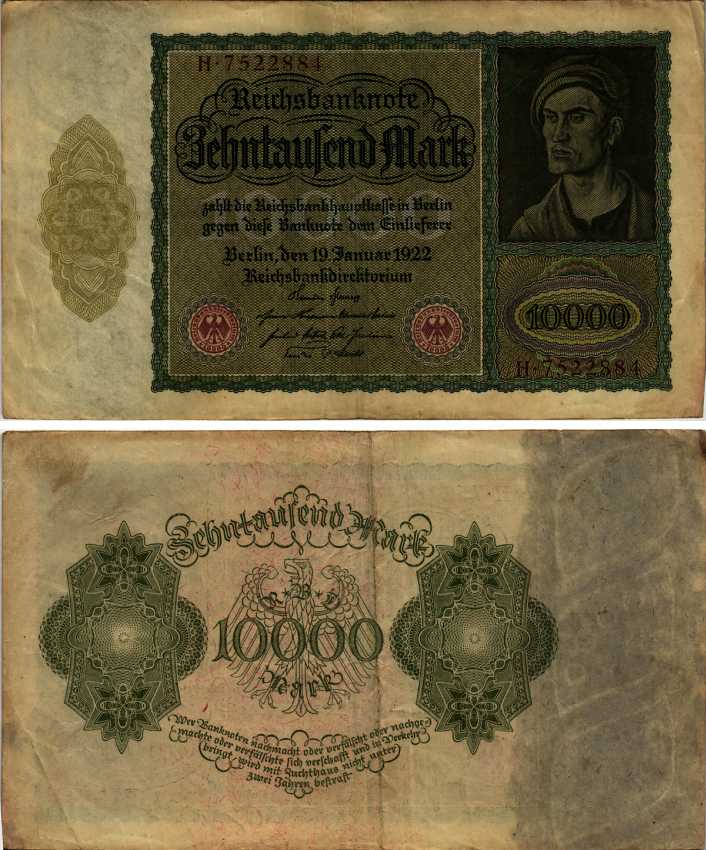 Германия 10000 марок 1922 19 января 1922, Альбрехт Дюрер, без 10000 справа Pick 71  бумага 7547-95-2