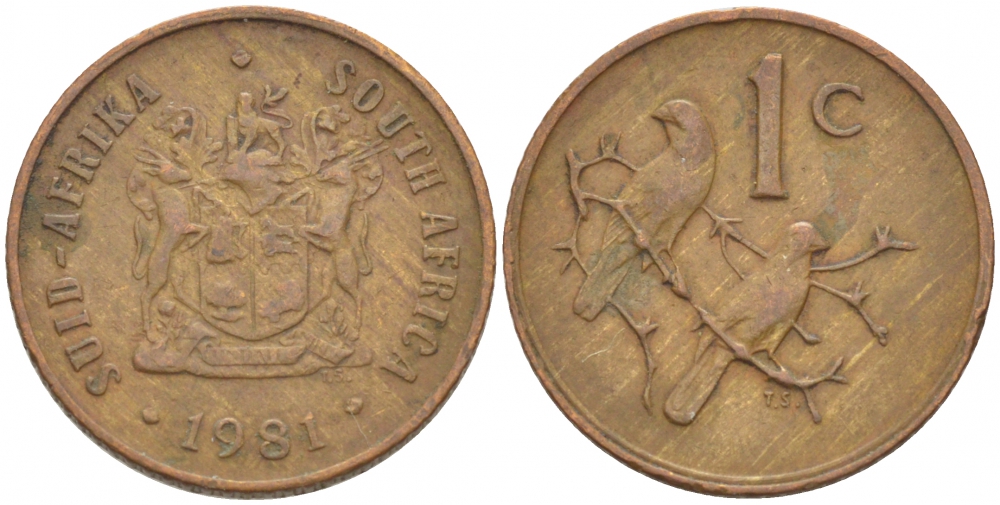ЮАР 1 ЦЕНТ 1981 ГЕРБ, КАПСКИЕ ВОРОБЬИ KM 82 бронза 3309-616