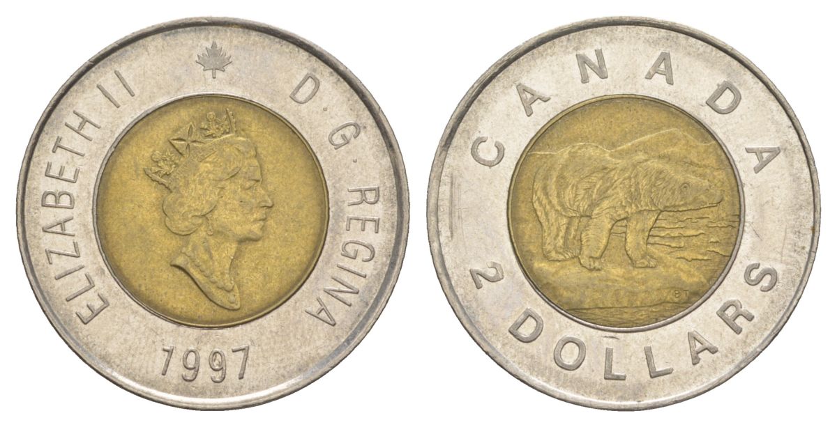 Канада 2 доллара 1997 Елизавета II (1952-2022), полярный медведь KM 270 биметалл 4631-833