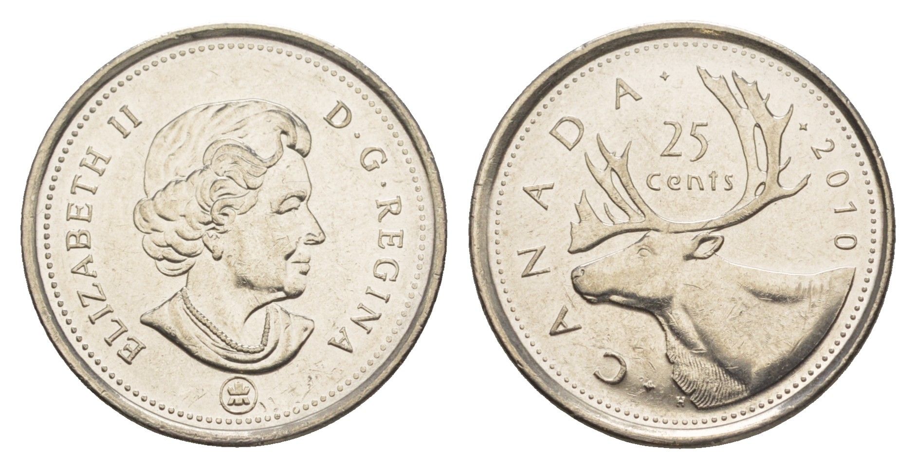 Канада 25 центов 2010 Leaf, Елизавета II (1952-2022), олень KM 493 сталь плакированная никелем UNC 4637-845