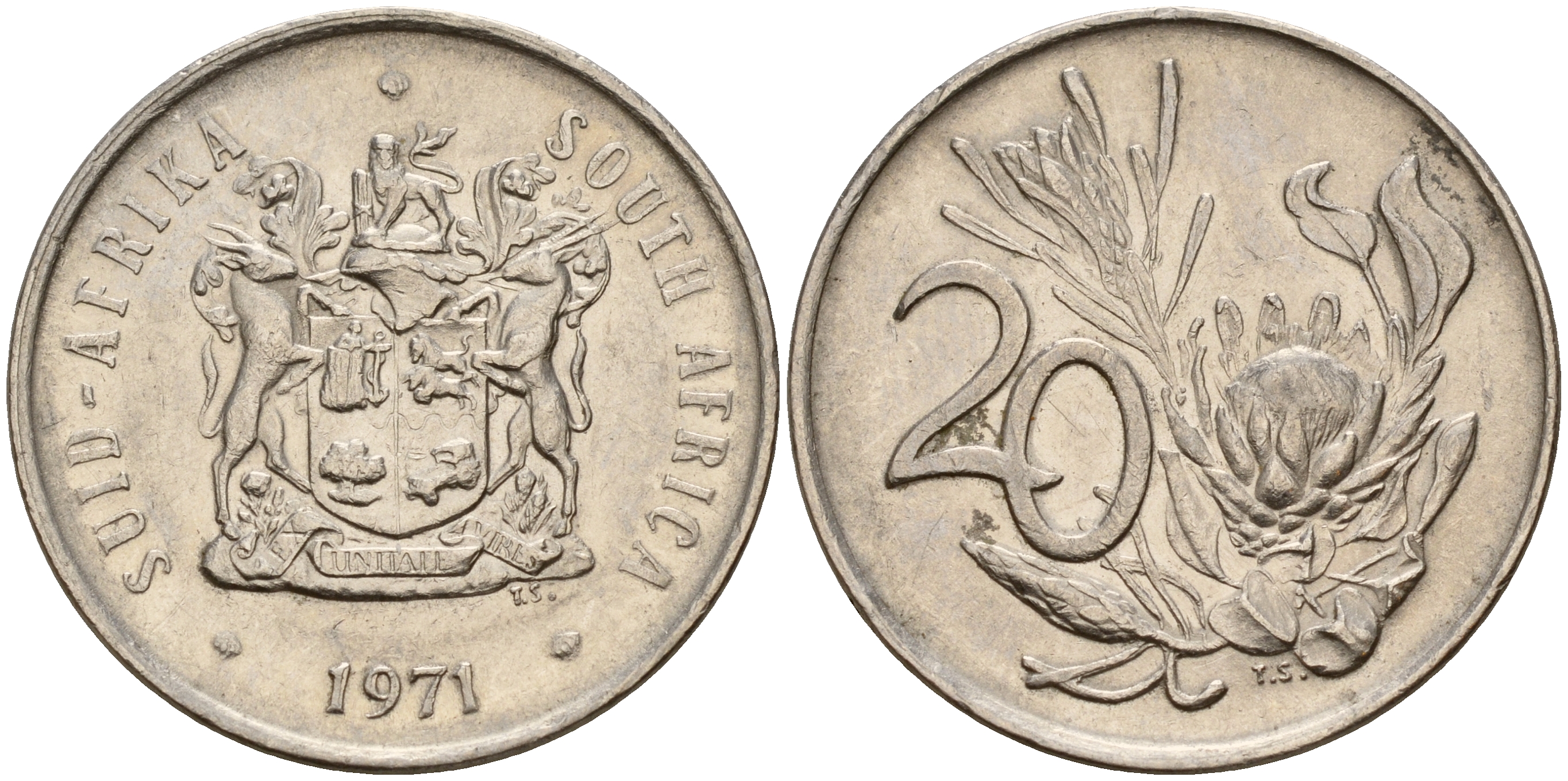 ЮАР 20 центов 1971 герб, цветок протея KM 86  никель    4601-854