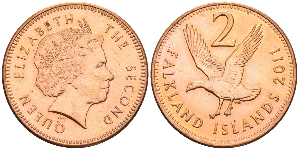 Фолклендские острова 2 пенса 2011 Елизавета II (1952-2022), магелланов гусь KM 131 сталь плакированная медью aUNC 87-125