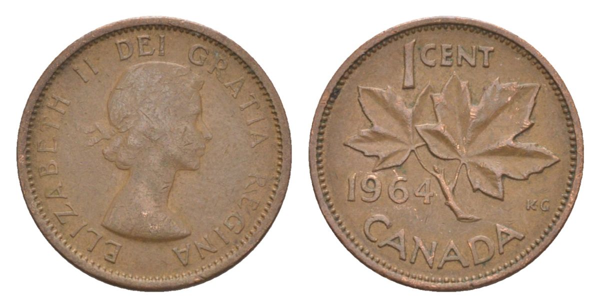 Канада 1 цент 1964 Елизавета II (1952-2022), кленовый лист KM 49 бронза 4630-541