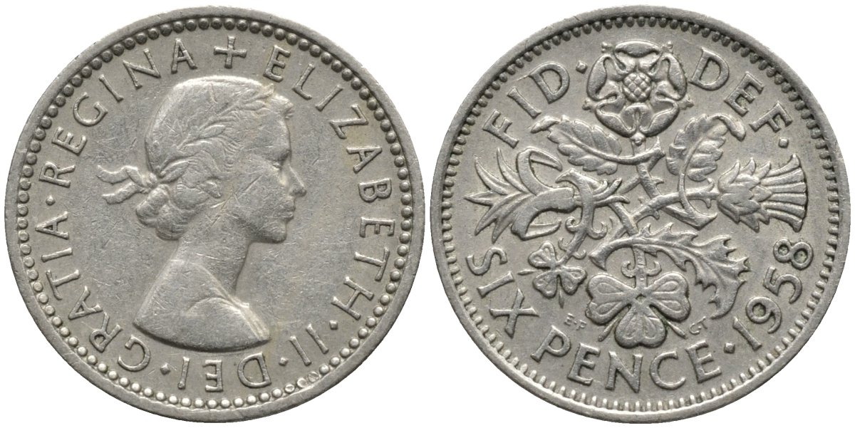 Великобритания 6 пенсов 1958 Елизавета II (1952-2022) KM 903, Spink 4149 медно-никель 4567-513
