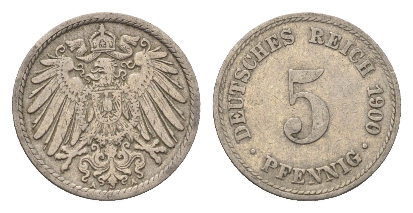 Германия 5 пфеннигов 1900 A KM 11, J. 12 медно-никель 4696-614