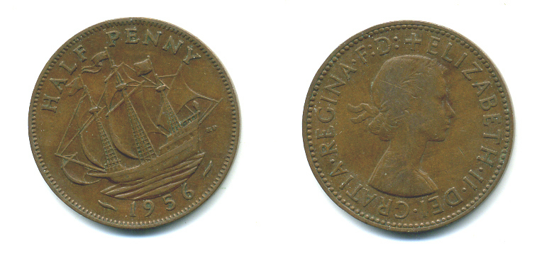 Великобритания 1/2 пенни 1956 Елизавета II (1952-2022) KM 896, Spink 4158 бронза 4383-1037