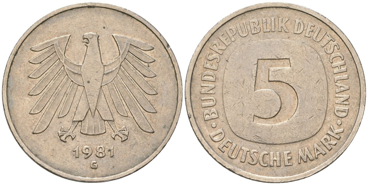 ФРГ 5 марок 1981 G KM 140.1 медно-никель 4557-221