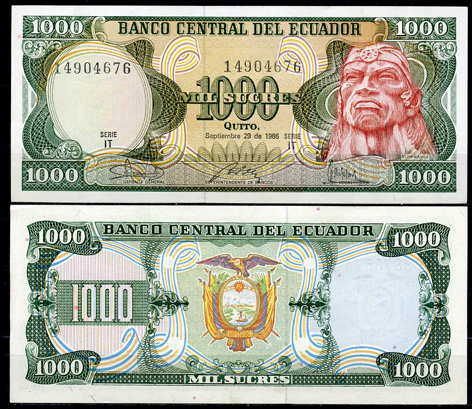 Эквадор 1000 сукре 1986 Руминьяви, серия IT Pick 125 a (1986 (4))  бумага  UNC (пресс) 447-125-3