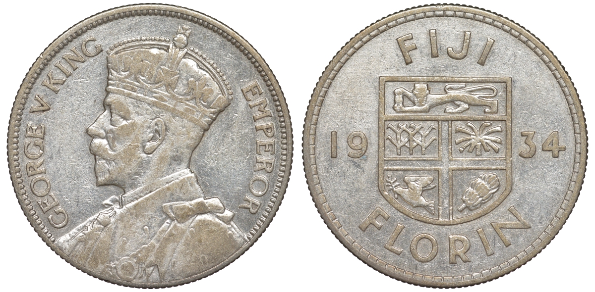 Фиджи 1 флорин 1934 Георг V (1910-1936), герб Фиджи KM 5 серебро    91-1132