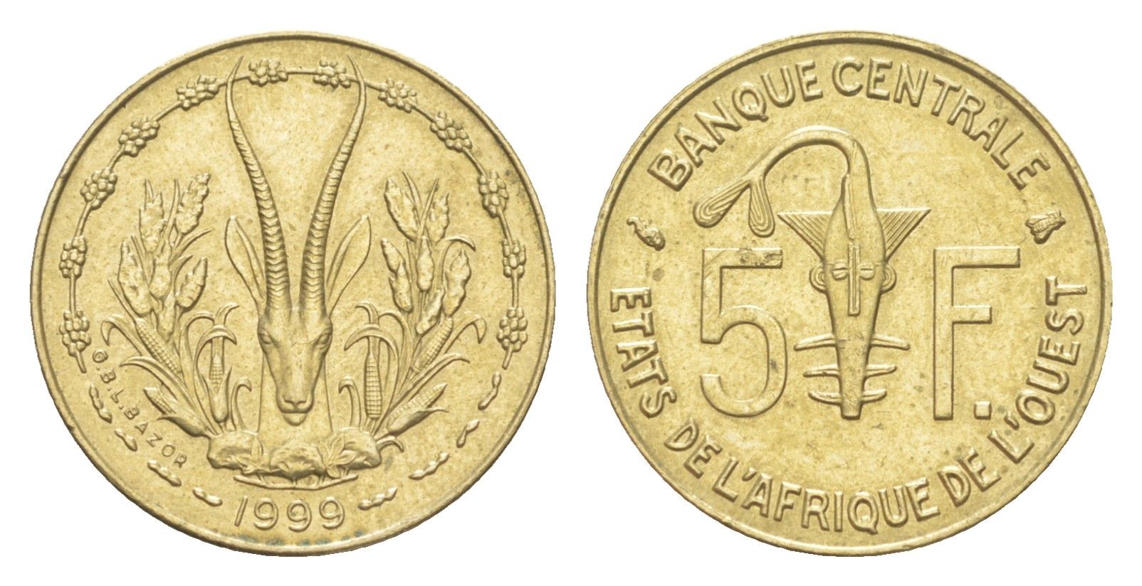 Западная Африка (BCEAO) 5 франков 1999 KM 2a медь алюминий никель UNC 4651-869