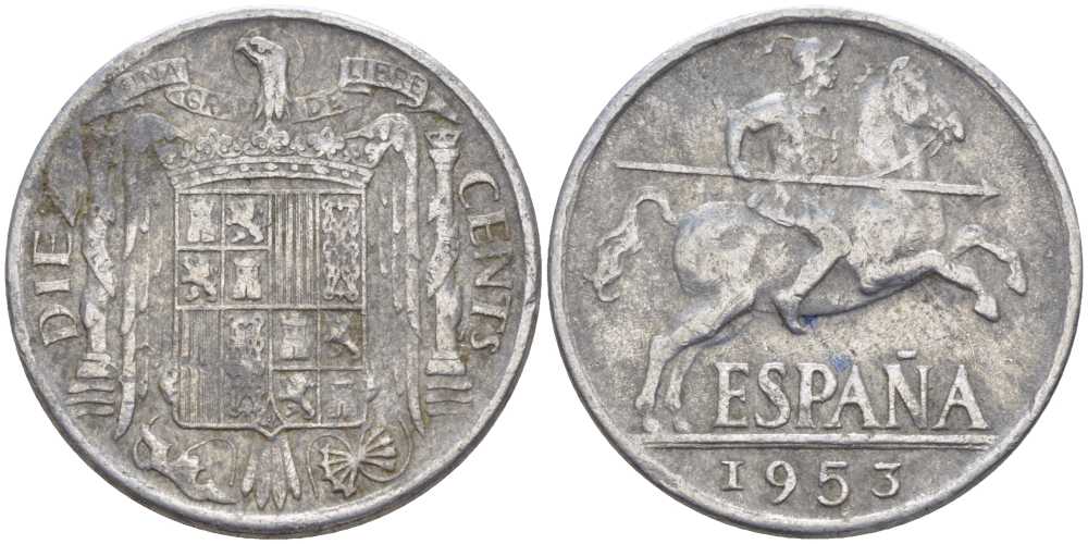 ИСПАНИЯ 10 СЕНТИМО 1953 РЫЦАРЬ НА КОНЕ KM 766 алюминий 119-913