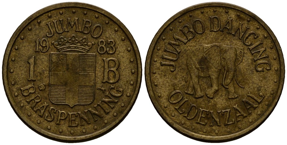 Нидерланды 1 браспеннинг 1983 ресторанный жетон, Jumbo Dancing Oldenzaal латунь 4176-512