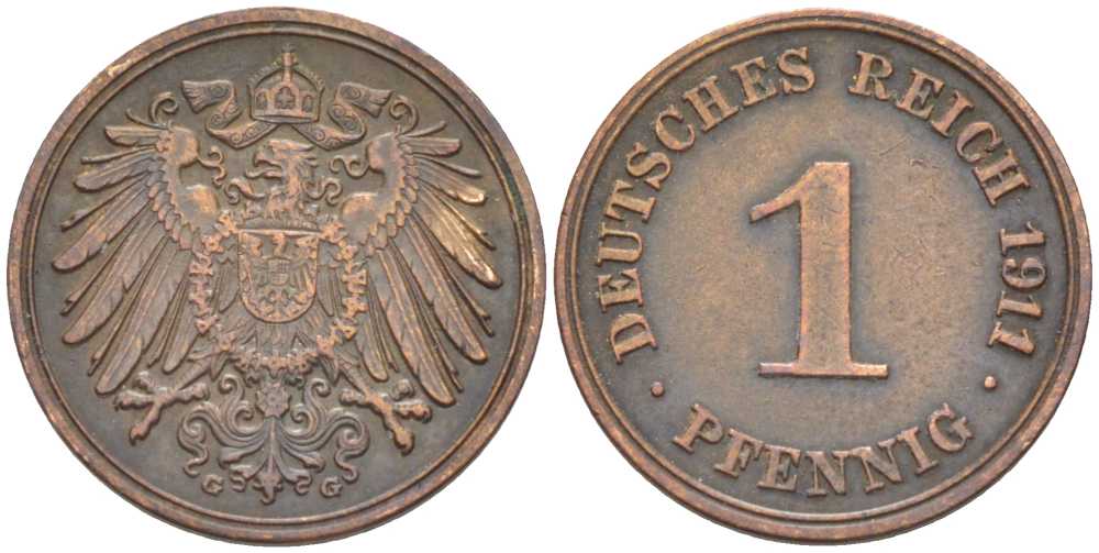 ГЕРМАНИЯ 1 ПФЕННИГ 1911 G KM 10, J. 10 медь 112-1117