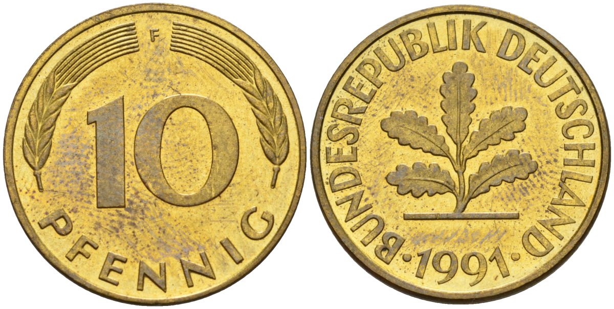 ФРГ 10 пфеннигов 1991 F KM 108, J. 383 сталь плакированная латунью 4175-1052