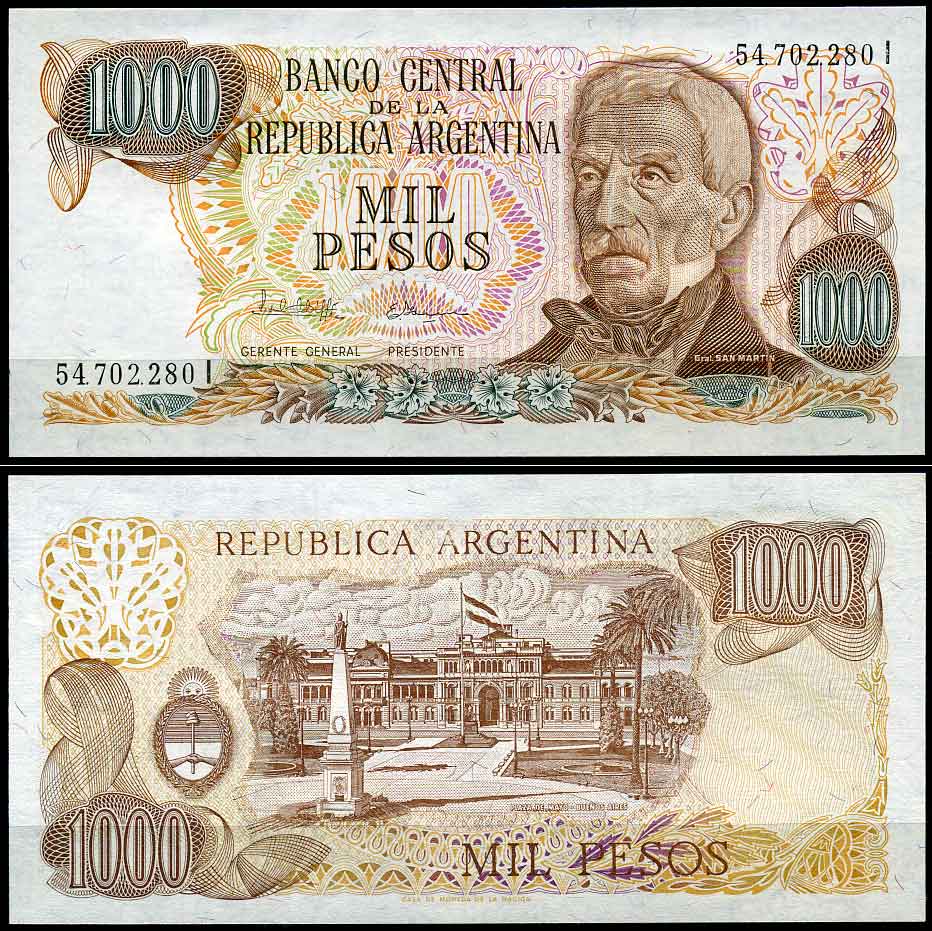 Аргентина 1000 песо 1982 серия I 54702, Генерал Сан Мартин Pick 304 бумага UNC (пресс)   447-5-3